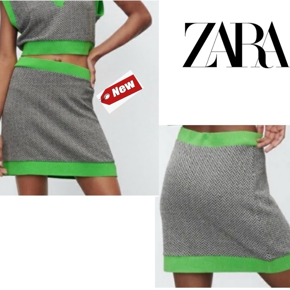 Zara neon fluorescent green black white herringbone knit mini skirt Sz M NWT